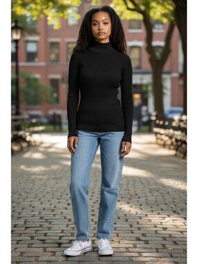 Tory Burch Black Mock Neck Ribbed Long Sleeve Knit Shirt Lightweight Size S NWT